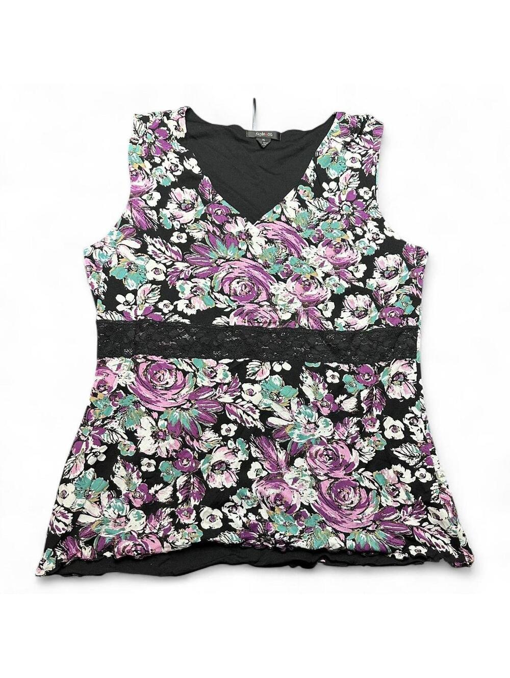 Grunge Floral Cami Top w/ Lace Trim - Size XL